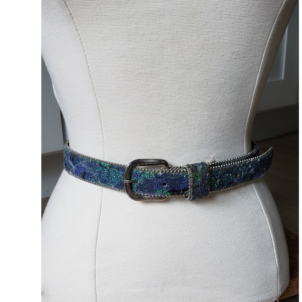 Vintage Elite Belt Womens S Glitter Blue Green Silver 1980s Made in USA